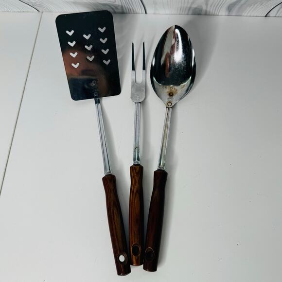 Vintage EKCO Chromium Plated Utensils Wooden Handle Set of 3 - USA (READ) - Picture 1 of 9